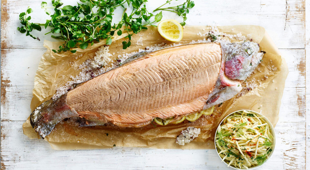 Salt baked whole ocean trout with celeriac and fennel remoulade